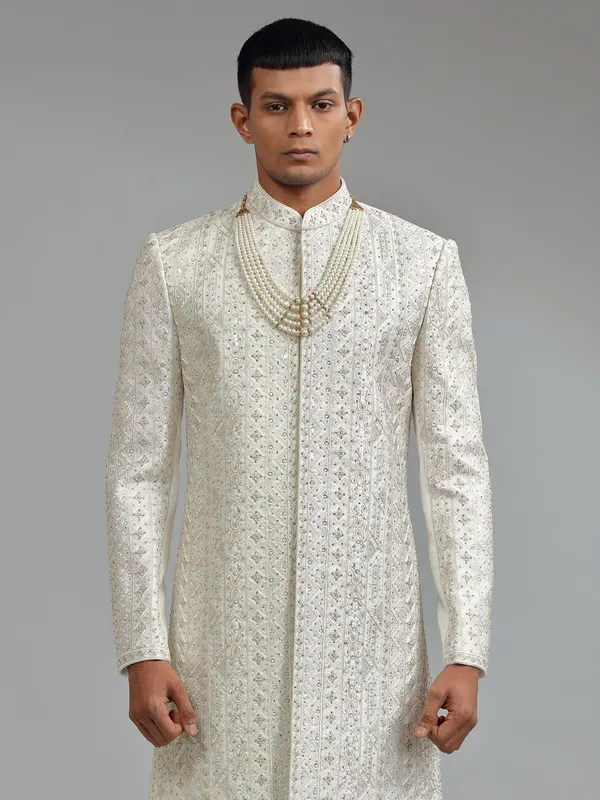 Silk white sherwani for groom