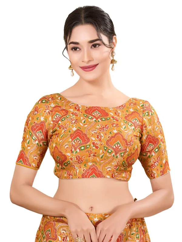 Silk yellow ready made blouse with boat neck