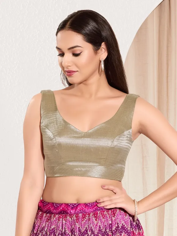 Silver ready made blouse with sweetheart neck