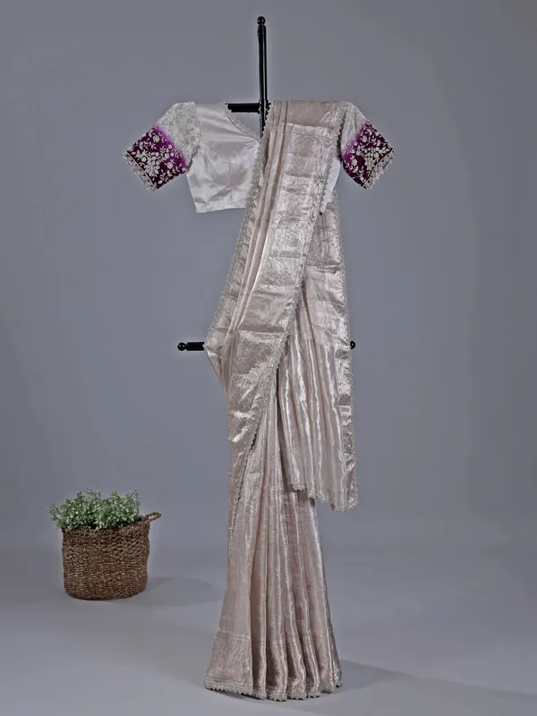 Silver silk saree with cutdana worked border