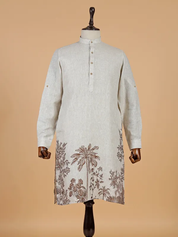 Simplistic off white cotton printed kurta for men