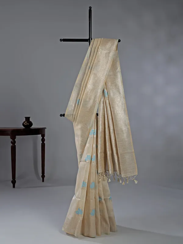 Sky blue and beige cotton silk saree for festive wear