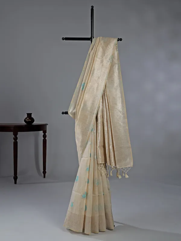 Sky blue and beige cotton silk saree for women with unstitched blouse