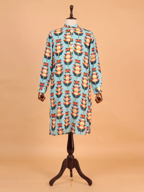 Sky blue cotton kurta with beautiful print for men