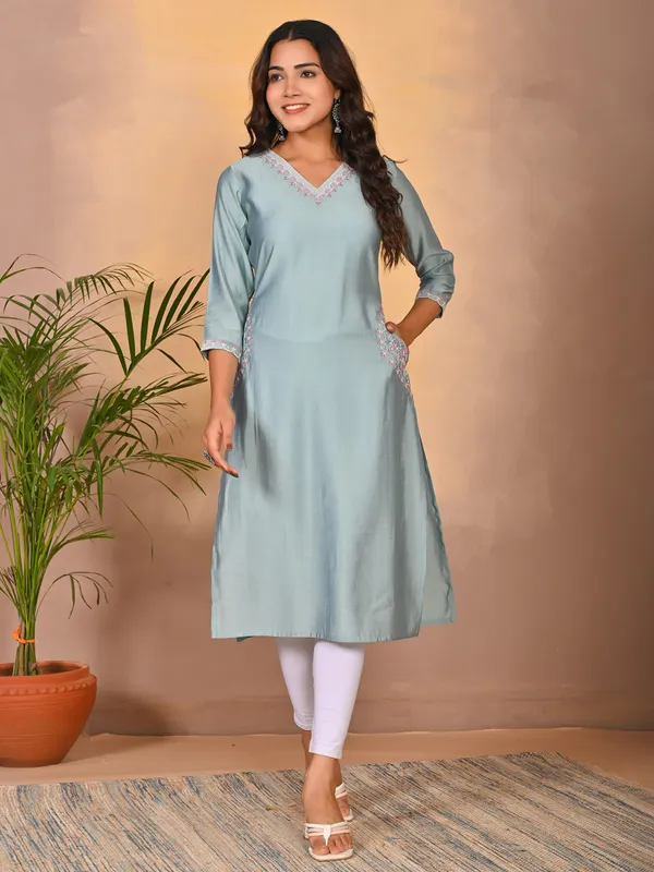 Sky blue cotton silk casual kurti