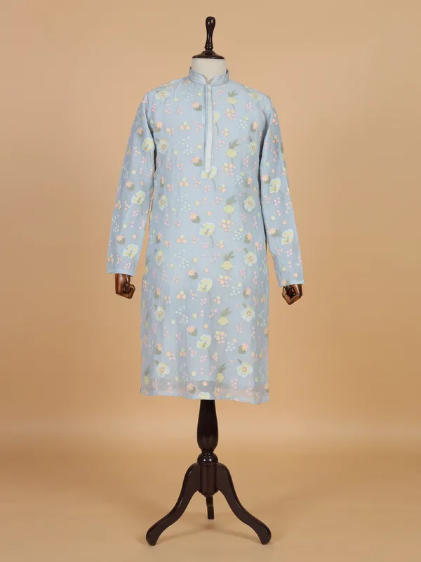 Sky blue cotton silk kurta suit in embroidery