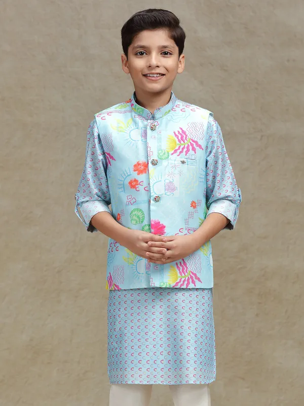 Sky blue cotton silk waistcoat set with print for boys