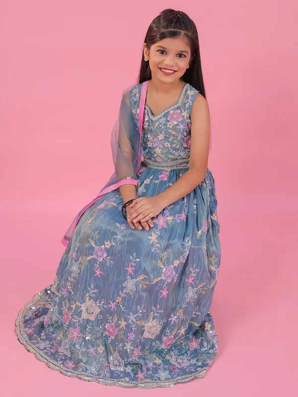 Sky blue cotton tissue silk lehenga choli for girls