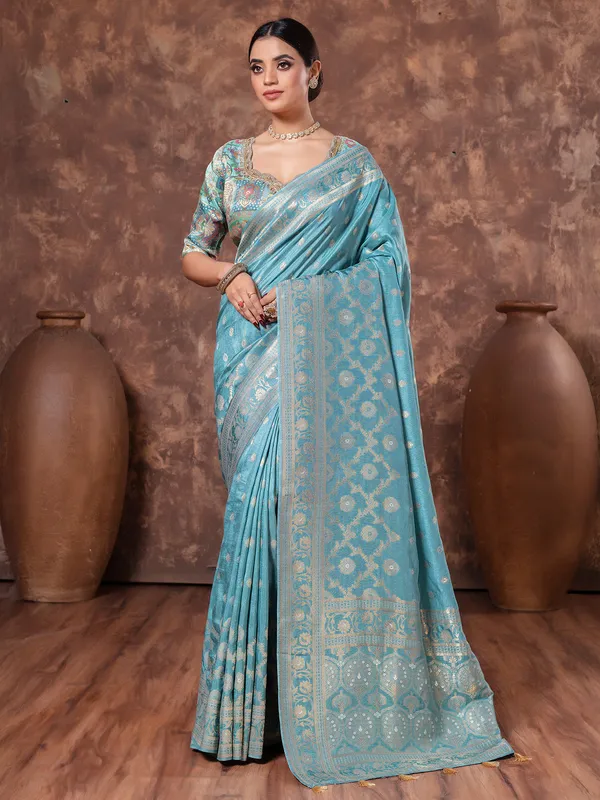 Sky blue dola silk saree in zari weaving