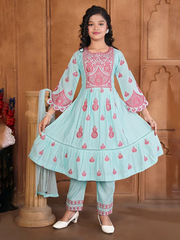 Sky blue embroidered salwar suit with dupatta and pants