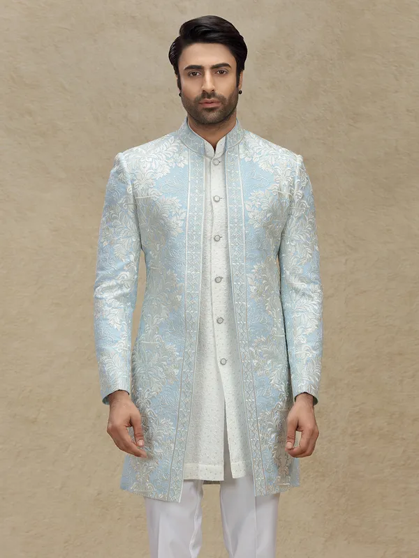 Sky blue embroidery woven indo western with jackets