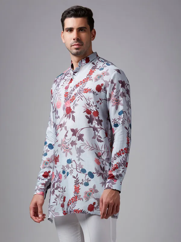 Sky blue floral print short kurta suit