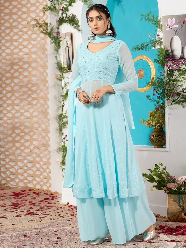 Sky blue georgette palazzo salwar suit