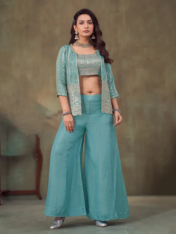Sky blue jacket style palazzo suit in silk