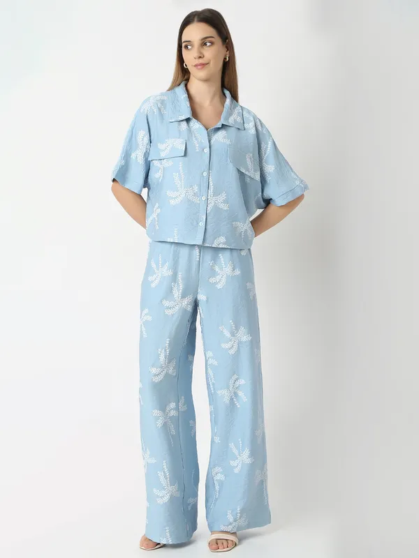 Sky blue linen cotton printed co-ord set