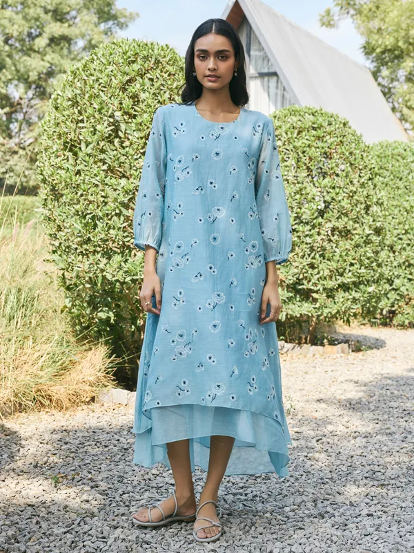 Sky blue muslin cotton kurti for women