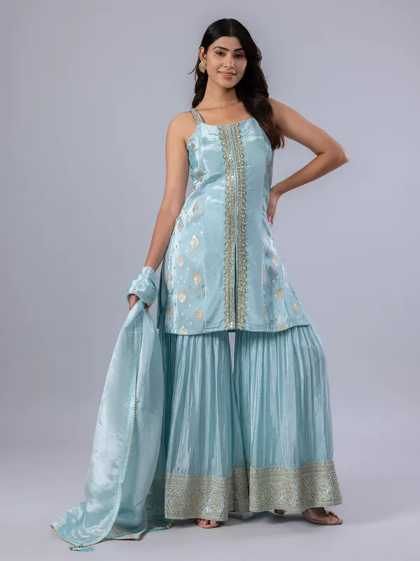 Sky blue pakistani style sharara suit