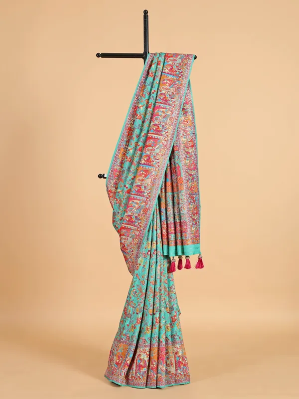 Sky blue pashmina silk printed saree
