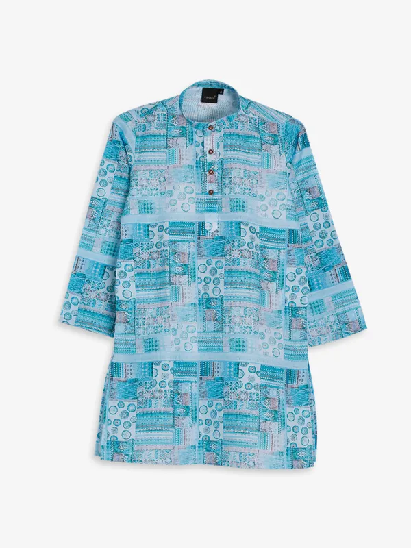 Sky blue printed cotton boys kurta