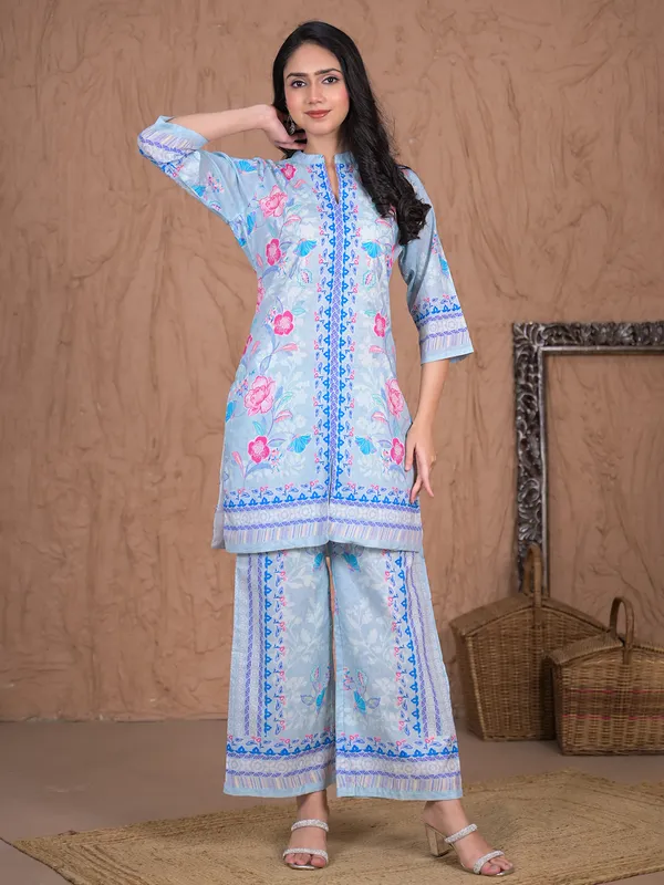 Sky blue printed cotton silk palazzo kurti set