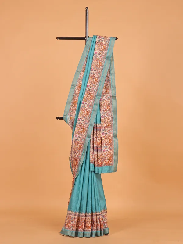 Sky blue printed cotton silk saree for festive wear