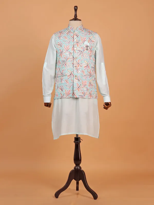 Sky blue printed cotton silk waistcoat set for men