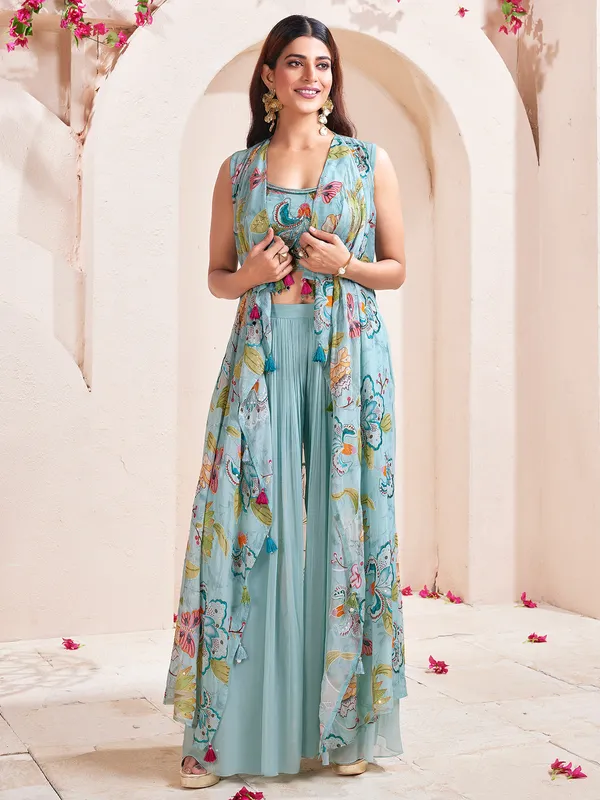 Sky blue printed georgette palazzo suit