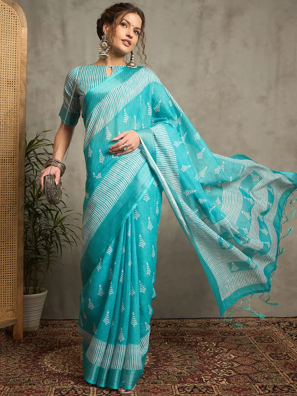 Sky blue printed pure linen saree