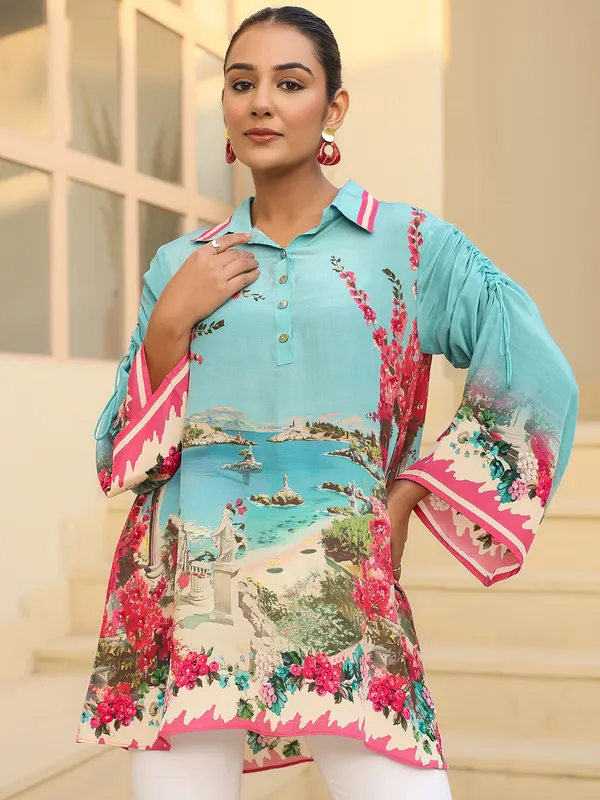 Sky blue printed top in crepe silk