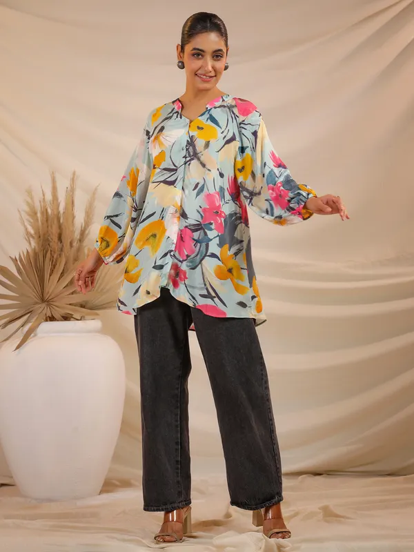 Sky blue printed top in soft crepe