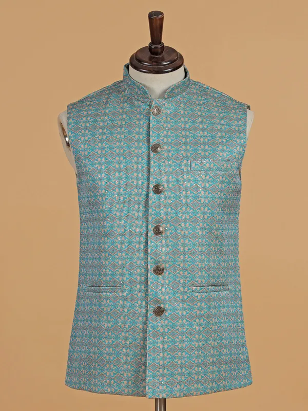Sky blue printed waistcoat in cotton silk