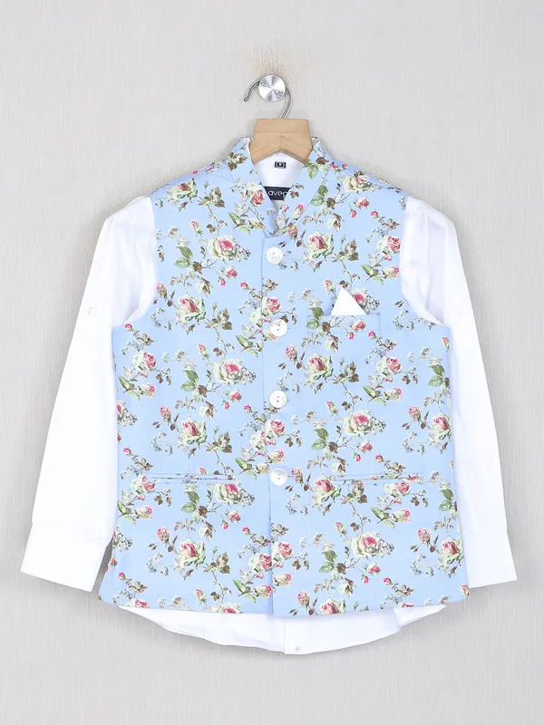 Sky blue printed waistcoat with shirt in cotton silk