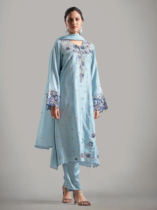 Sky blue raw silk salwar suit with dupatta