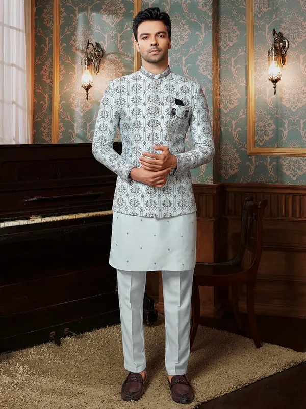 Sky blue reception style semi-indowestern for men
