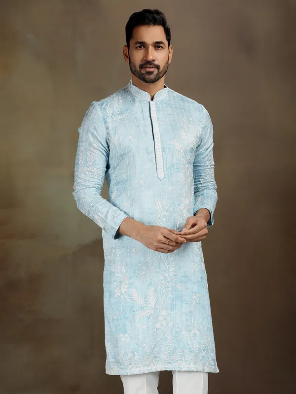 Sky blue satin kurta set with sequins
