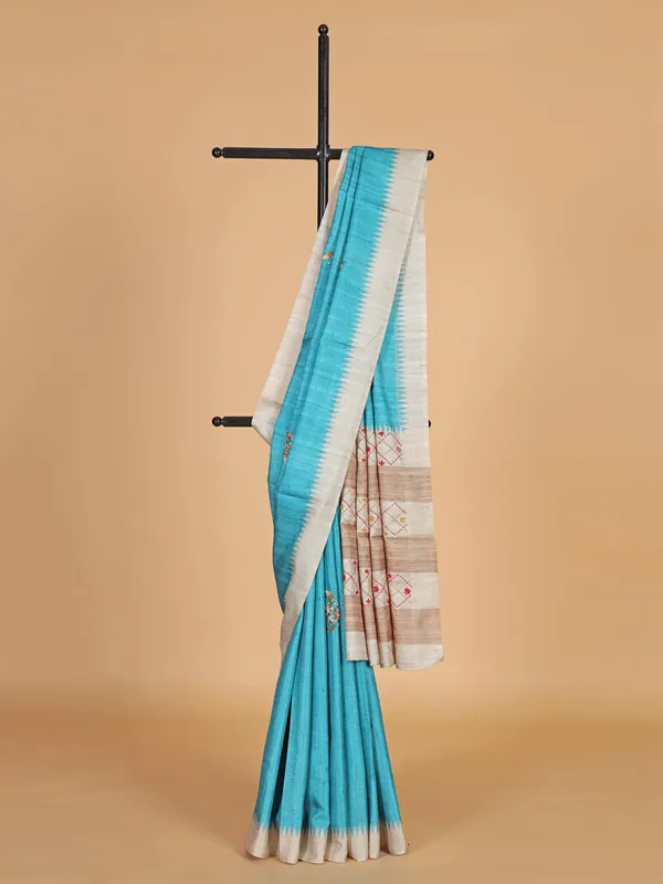 Sky blue semi cotton silk saree in printed