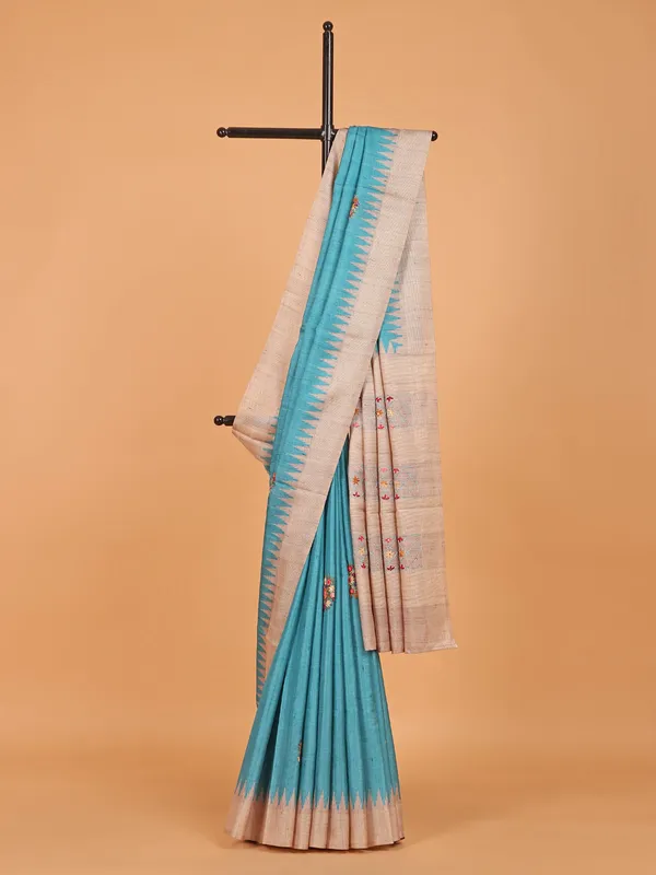 Sky blue semi tusser silk saree for festive wear