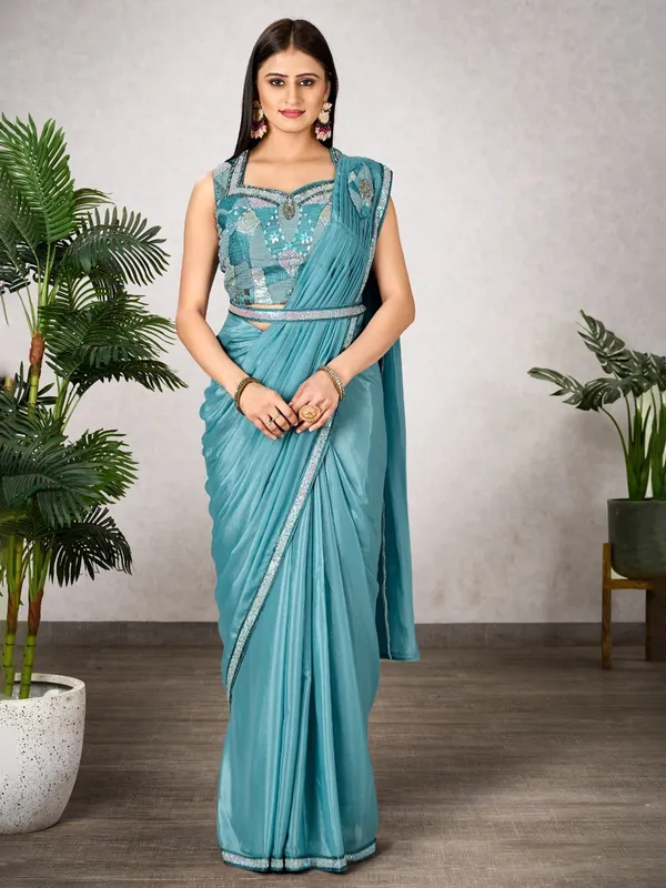 Sky blue shimmer georgette party wear saree