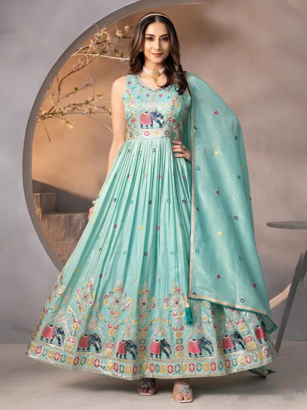 Sky blue silk anarkali suit with embroidery
