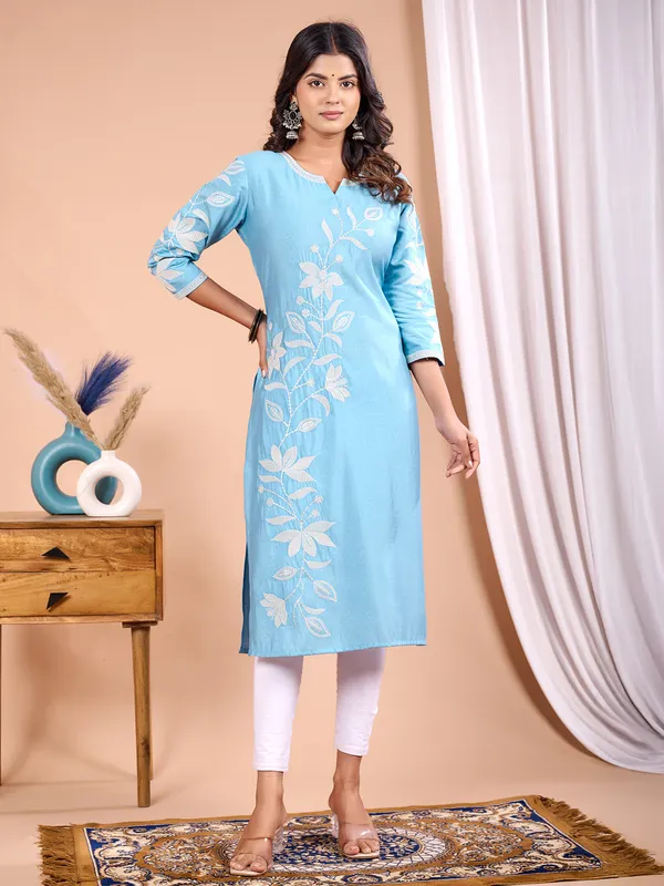 Sky blue silk embroidery kurti