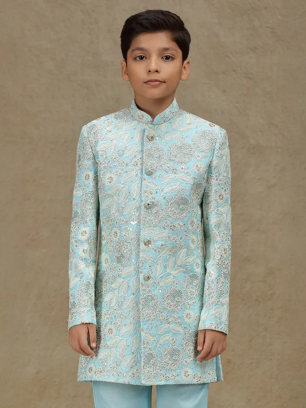 Sky blue silk indowestern for boys