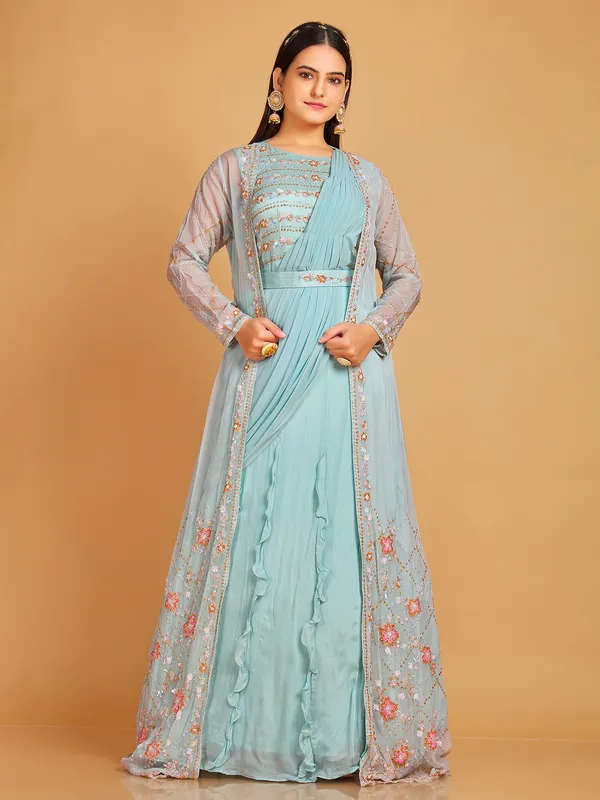 Sky blue silk jacket style floor length suit