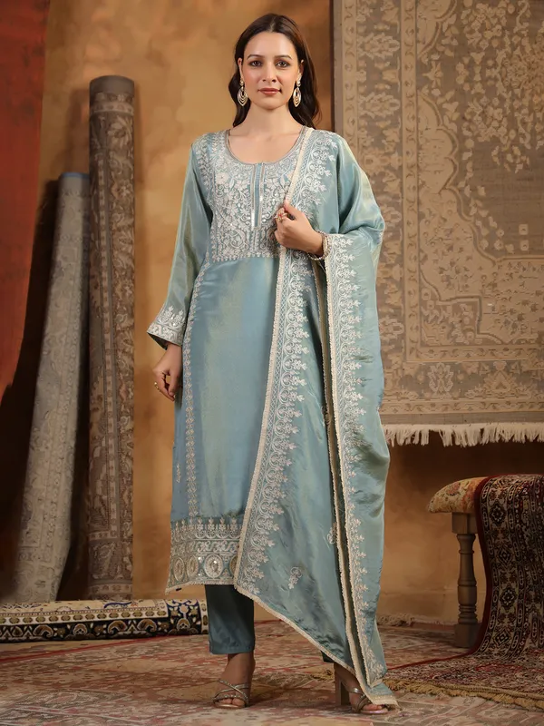 Sky blue silk kurti set for women