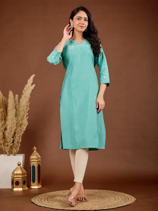 Sky blue silk kurti with simple and elegant work