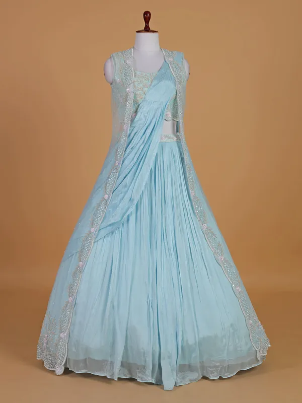 Sky blue silk lehenga choli with shrug