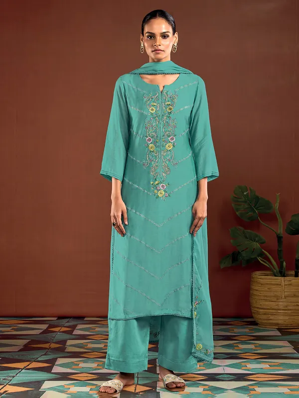 Sky blue silk palazzo suit with dupatta