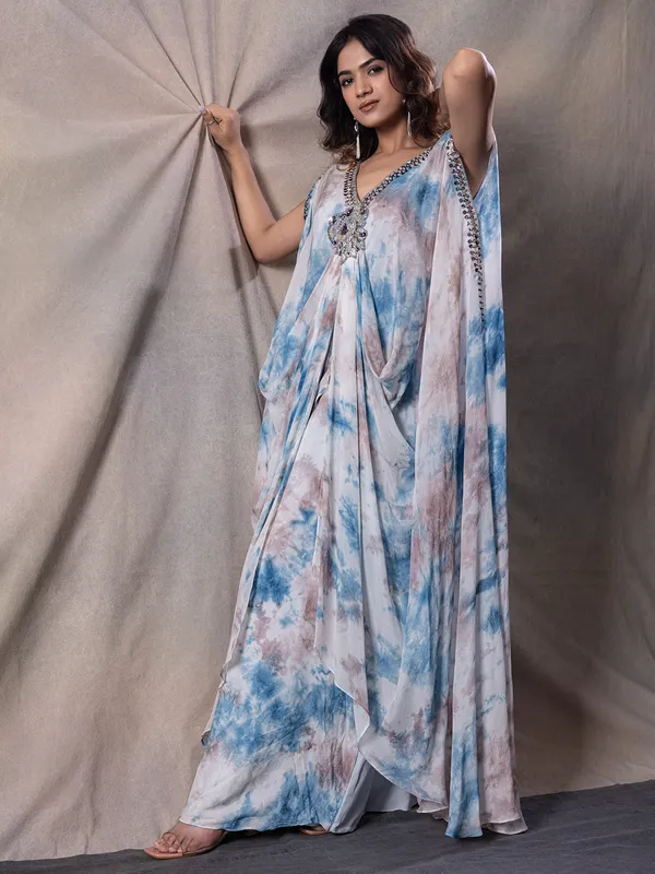 Sky blue silk printed designer suit for women