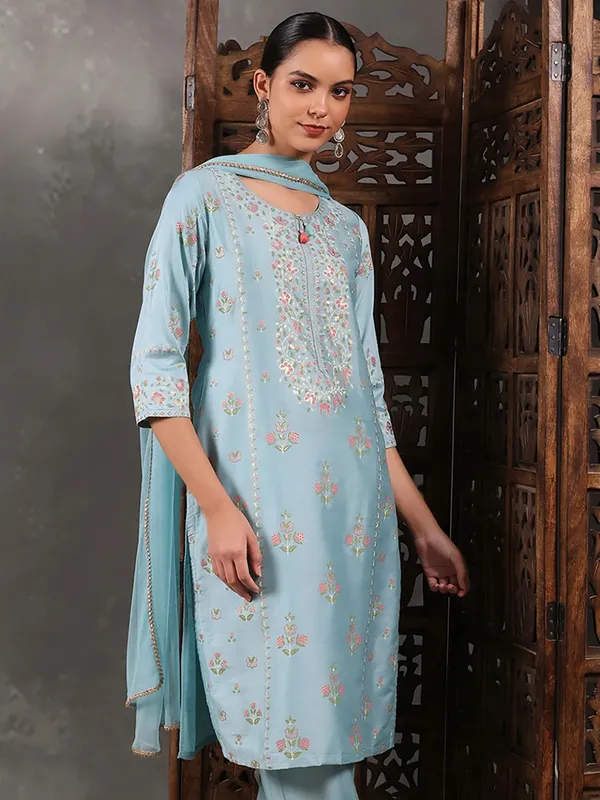 Sky blue silk printed kurti set for women festive wear