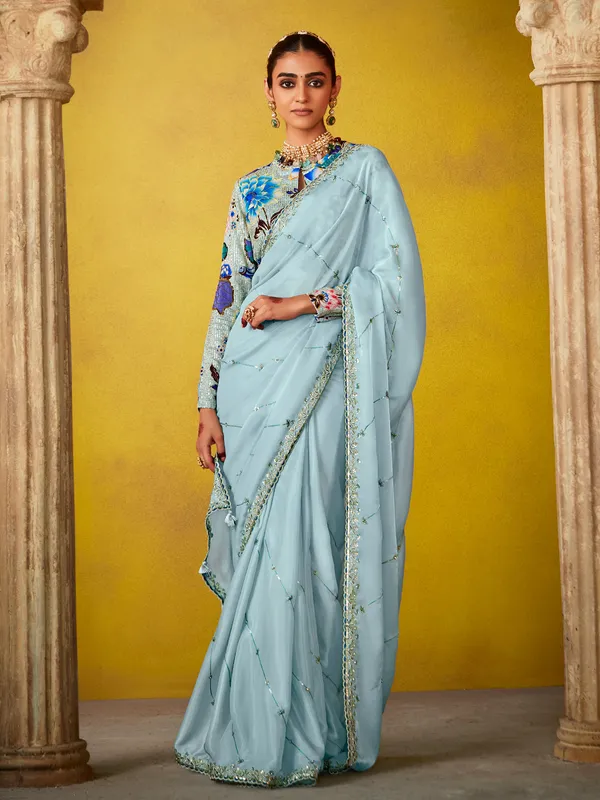 Sky blue silk saree for festival