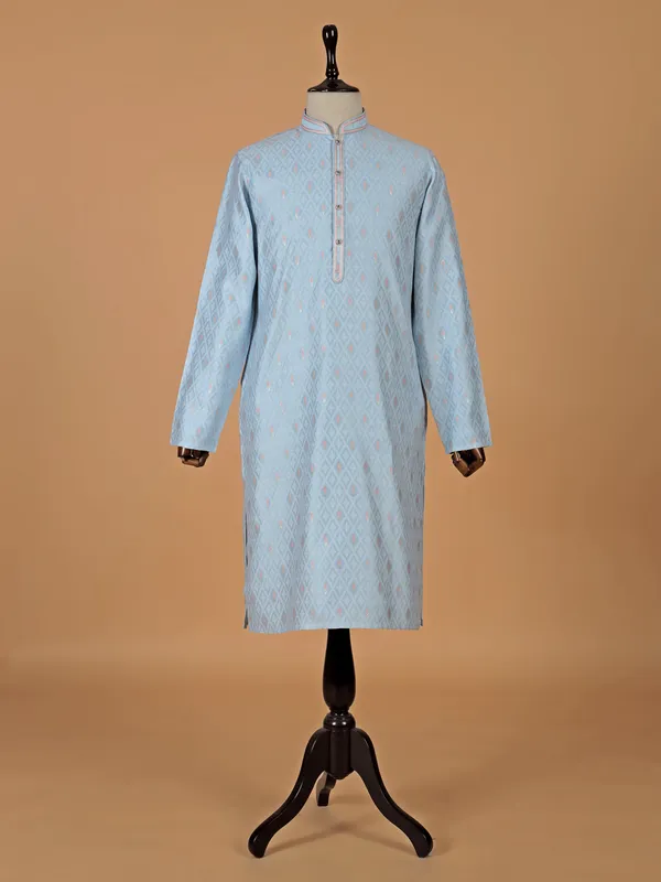 Sky blue textured silk kurta suit for men